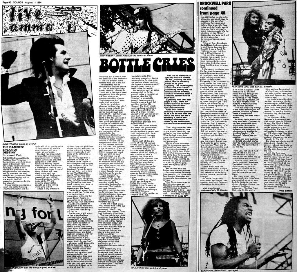 Sounds live review, 11 August 1984