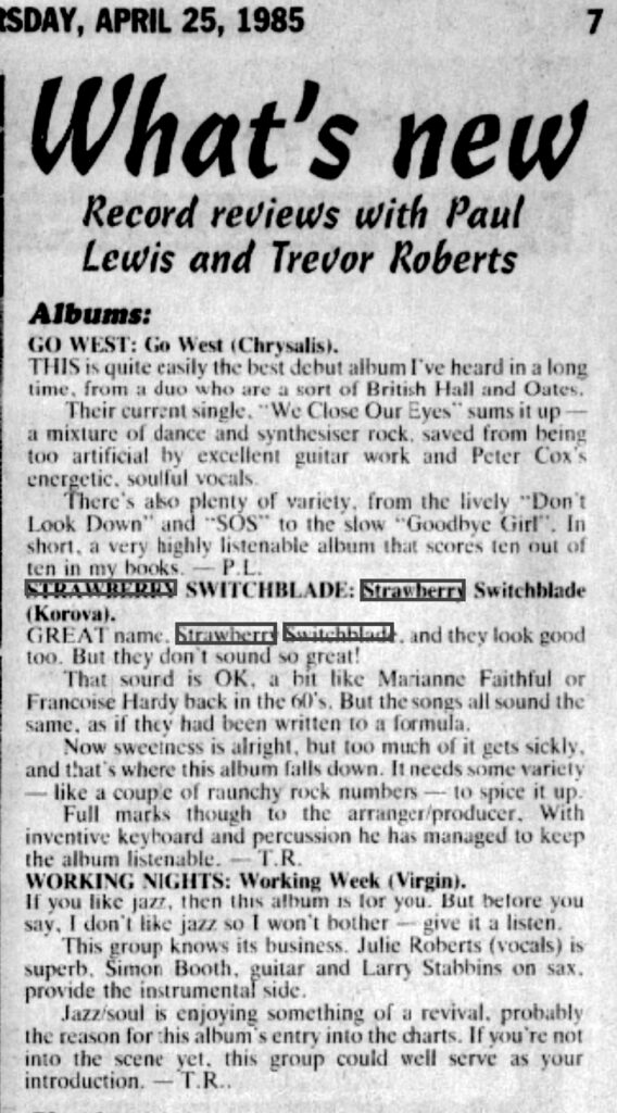 Neath Guardian and Port Talbot Guardian album review, 25 April 1985