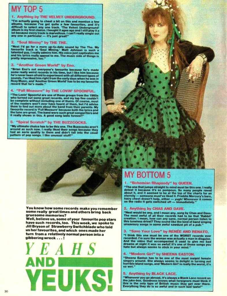 Jill Bryson 'Yeahs and Yeuks', Blue Jeans magazine, 31 August 1985