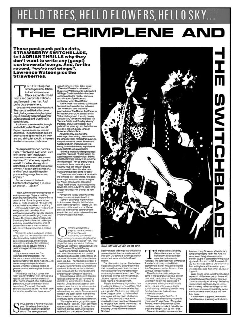 Strawberry Switchblade interview, NME 1 December 1984