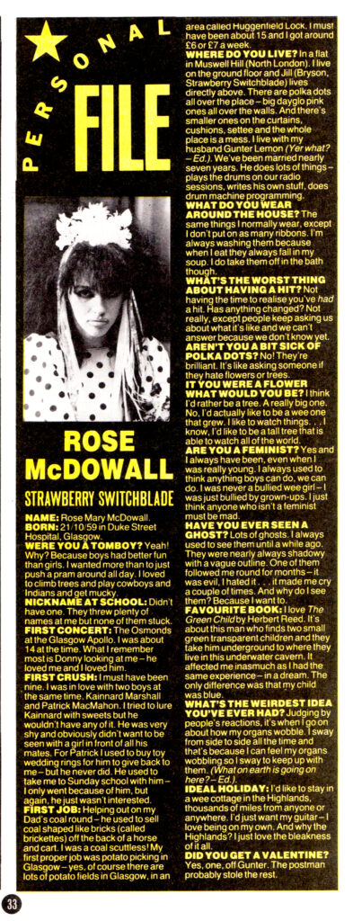 Rose McDowall Personal File questionnaire, Smash Hits 28 February-13 March 1985