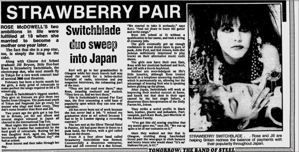 Strawberry Switchblade feature, Glasgow Evening Times 26 February 1986