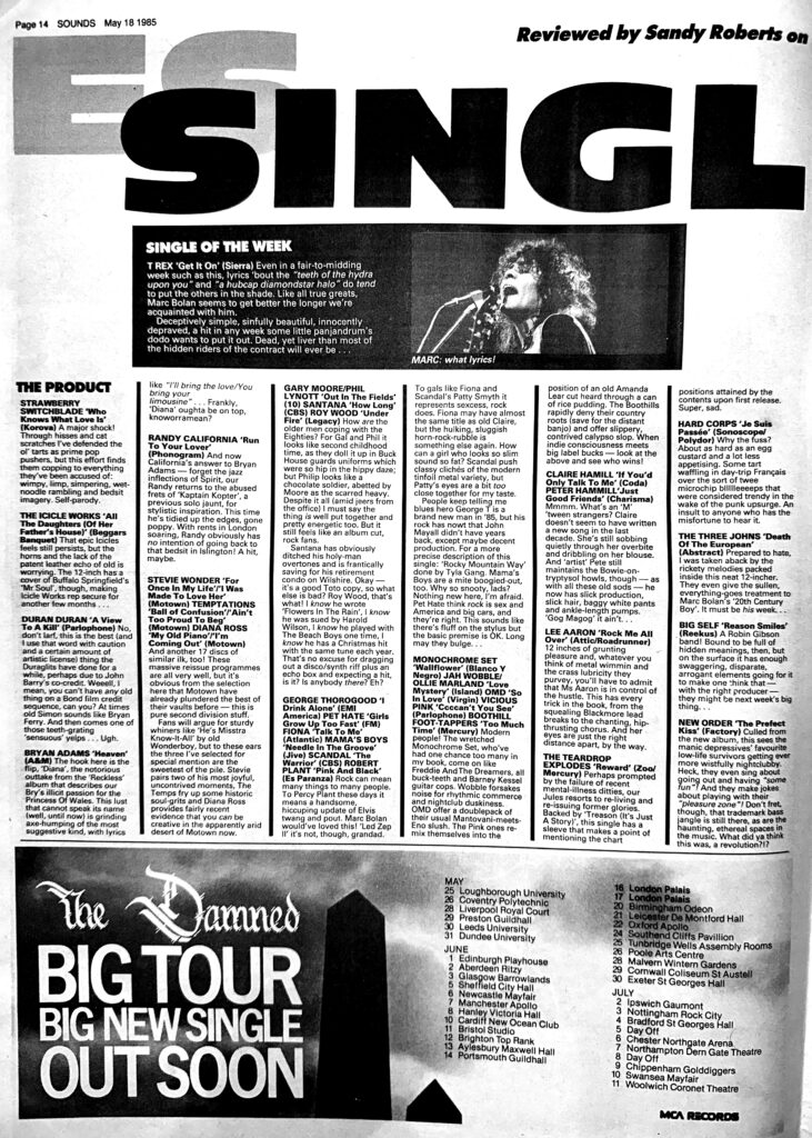 Sounds singles reviews, 18 May 1985