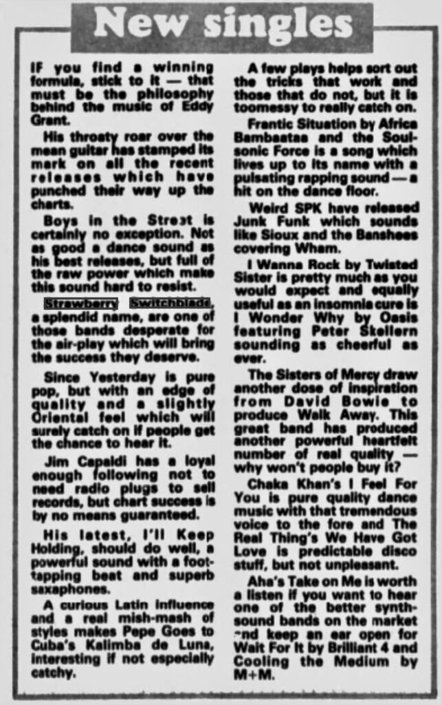 Derby Evening Telegraph singles reviews including Since Yesterday, 22 October 1984