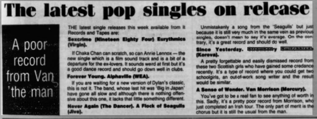 Lurgan Mail singles reviews including Since Yesterday, 1 November 1984